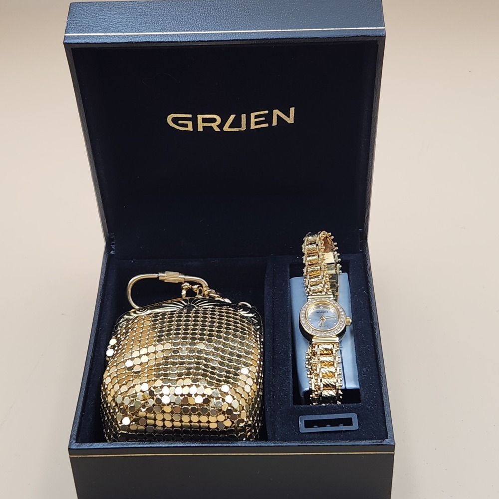 Gruen Womens Gold Tone Rhinestone Faux Diamond Quartz Watch & Coin Purse Set
